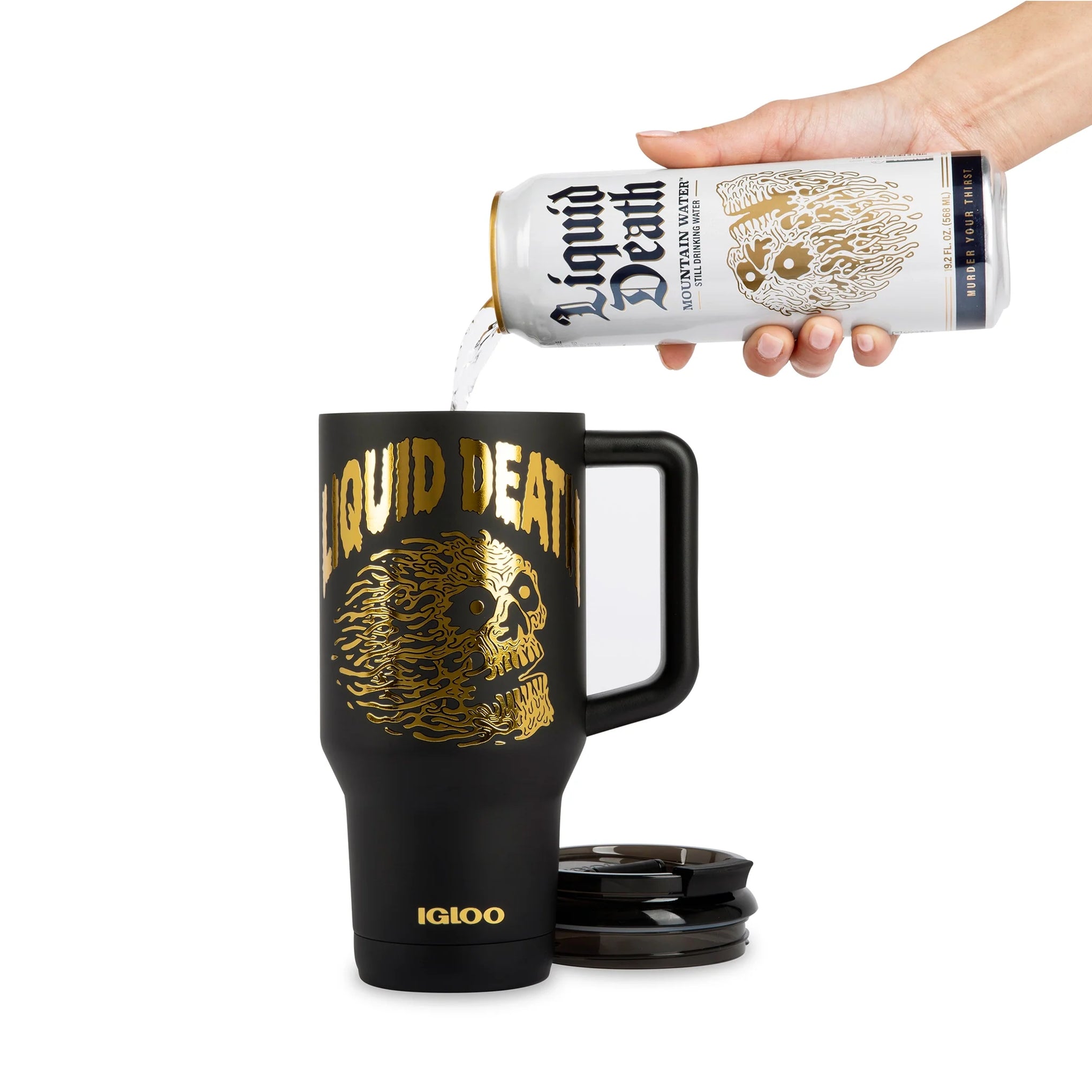 Liquid Death x Igloo Cold-Blooded Travel Mug — Black/Gold — lid off angle