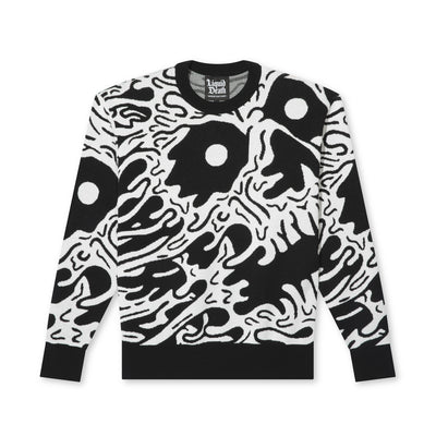 Front view of the black and white Face of Death jacquard sweater