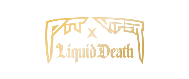 Gold logo with 'Liquid Death' text on a white background