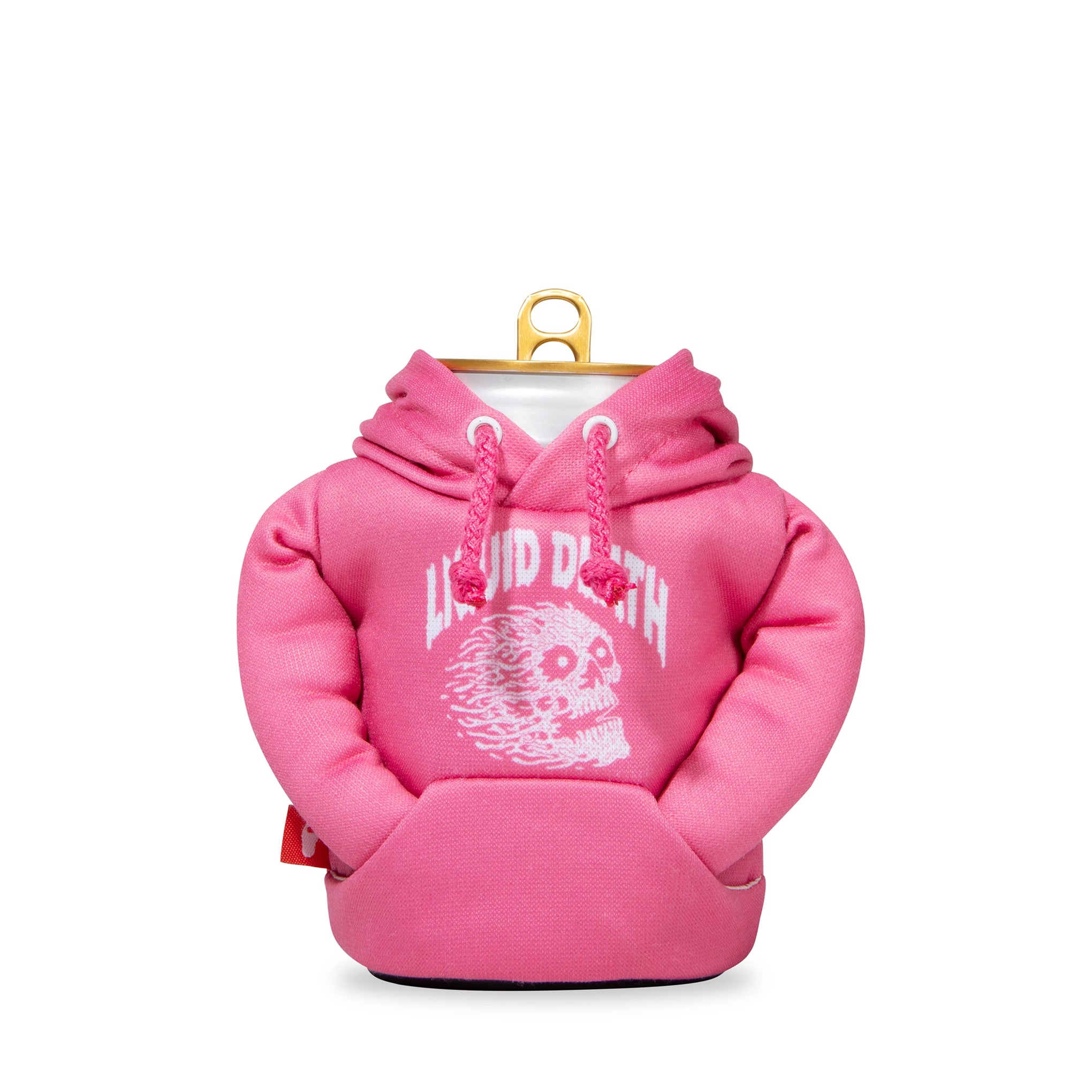 LDxPuffin Koozies Pink Hoodie Front Hood Down
