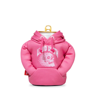 LDxPuffin Koozies Pink Hoodie Front Hood Down