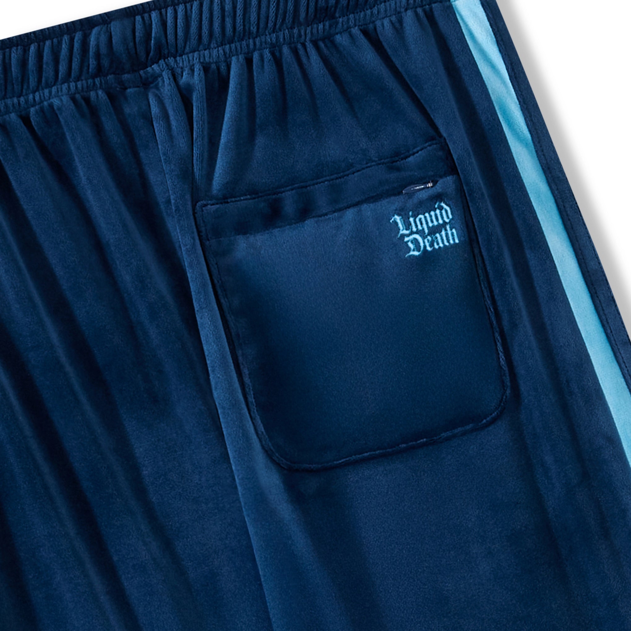 Blue shorts with a pocket featuring 'Liquid Death' branding on a white background