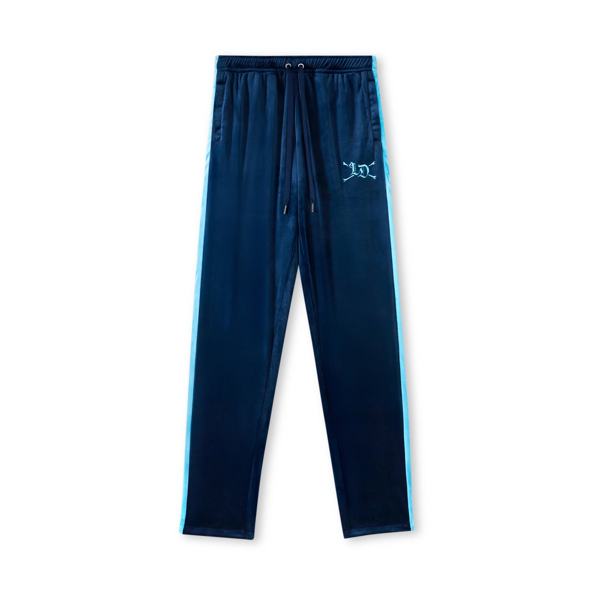 Navy blue pants with a logo on a white background