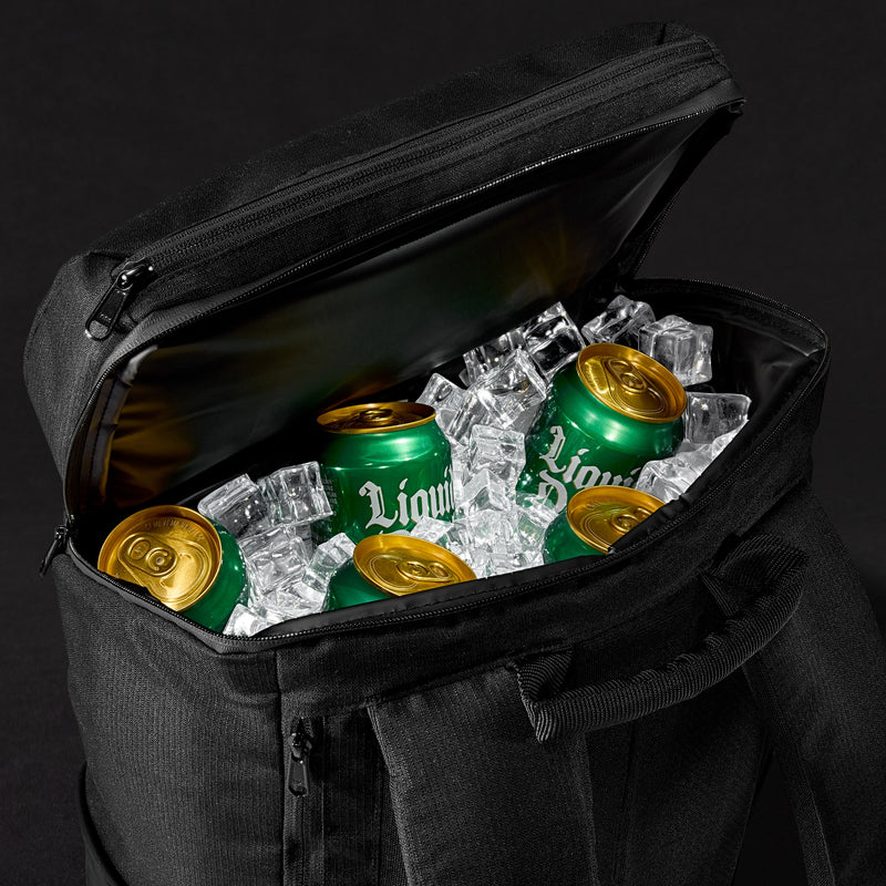 Liquid Death Serial Chiller Backpack Open with cans