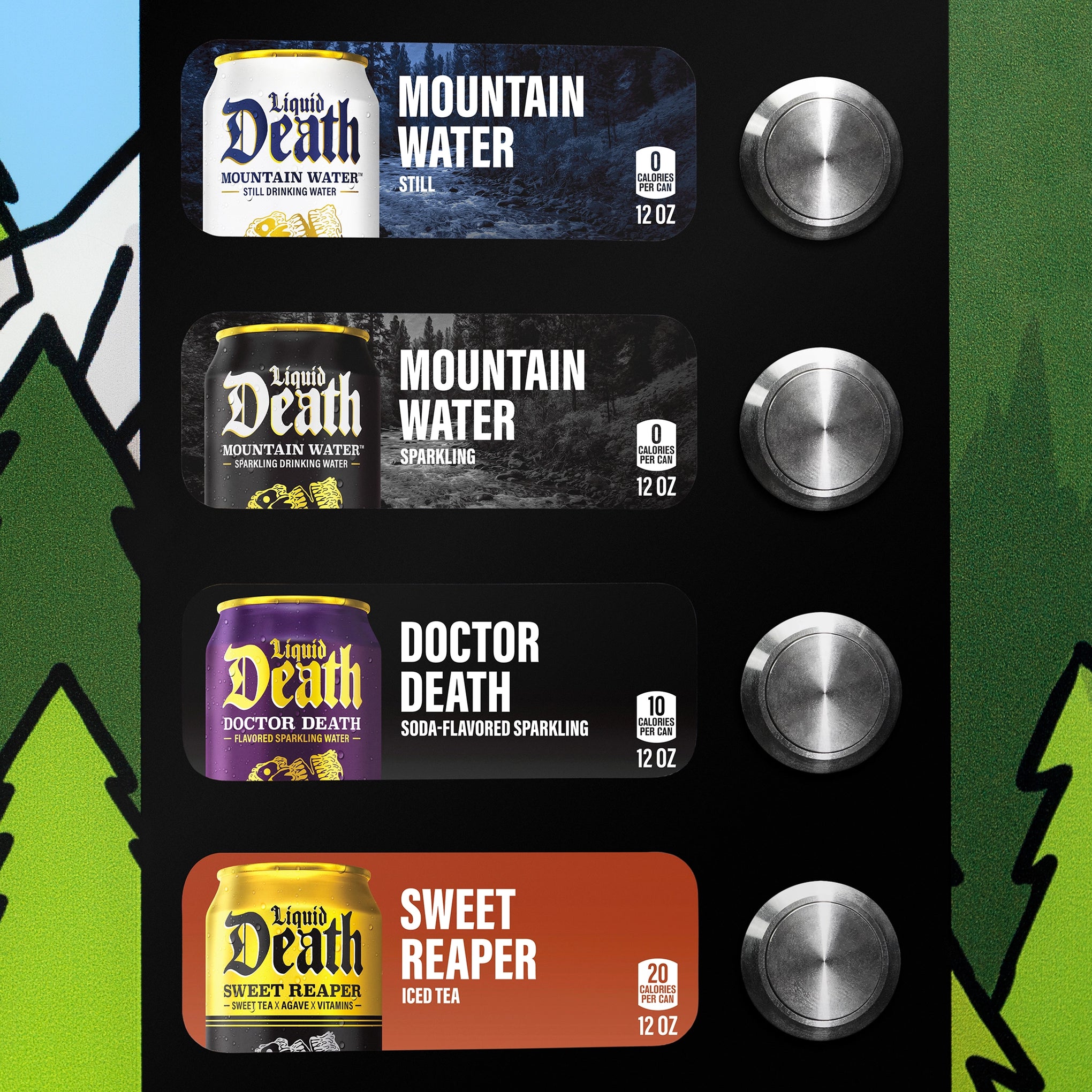 Collection of 'Liquid Death' beverage cans with labels on a black background.