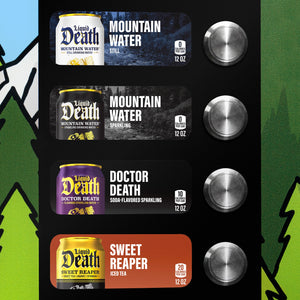 Collection of 'Liquid Death' beverage cans with labels on a black background.
