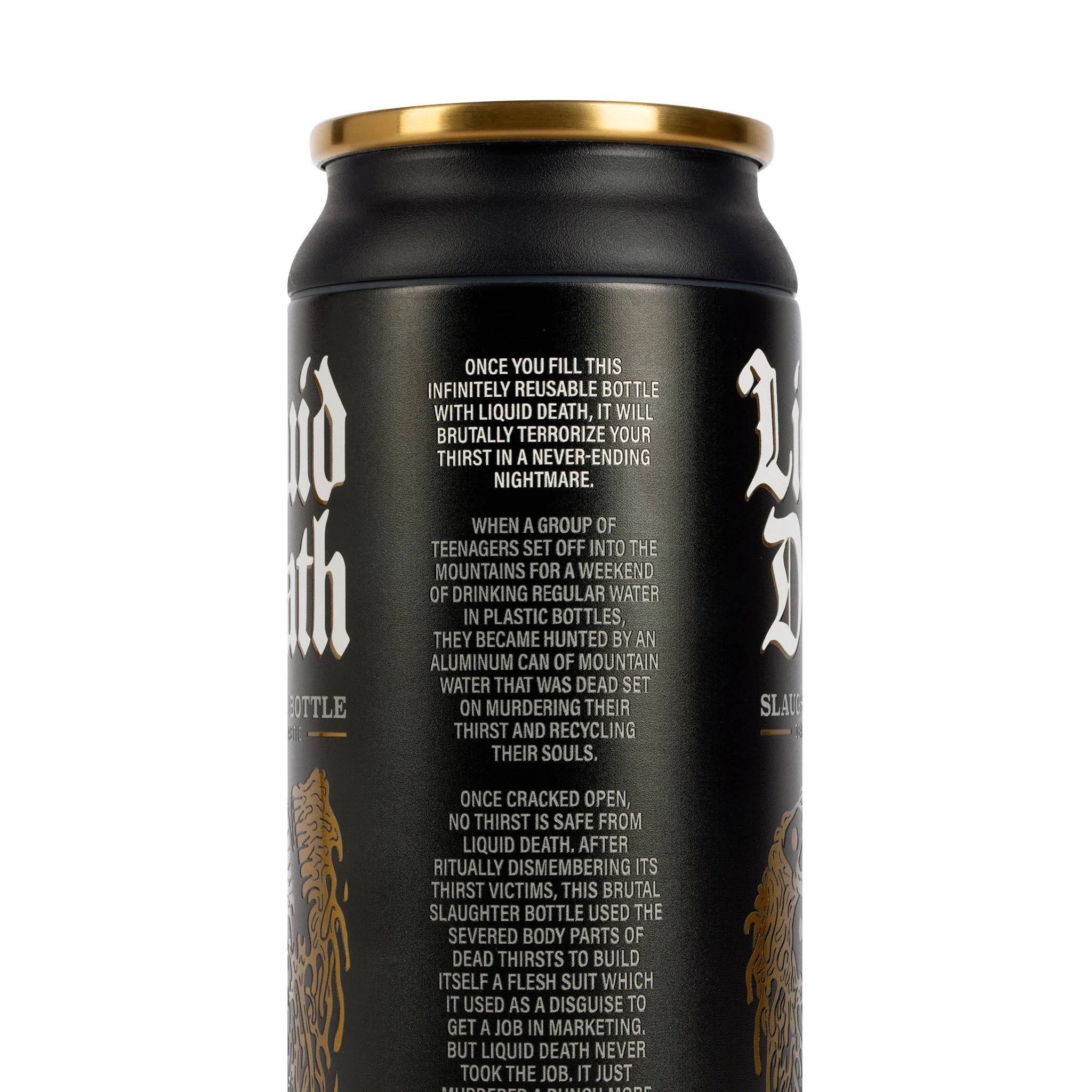 Liquid Death x Igloo Reusable Slaughter Bottle — Black/Gold — side closeup