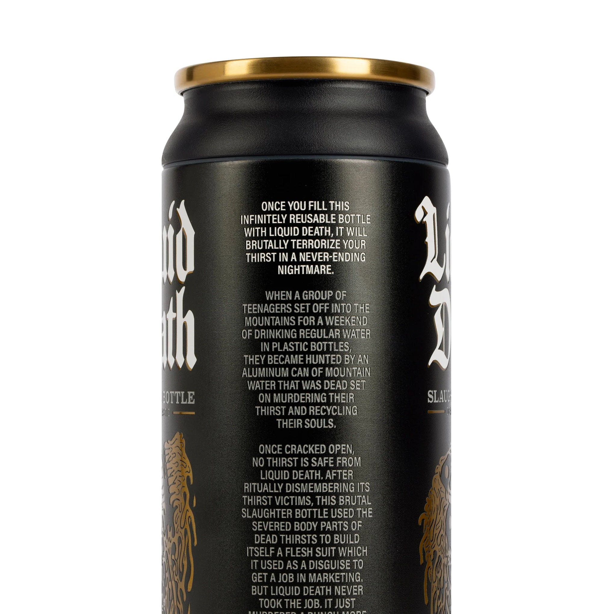 Liquid Death x Igloo Reusable Slaughter Bottle — Black/Gold — side closeup