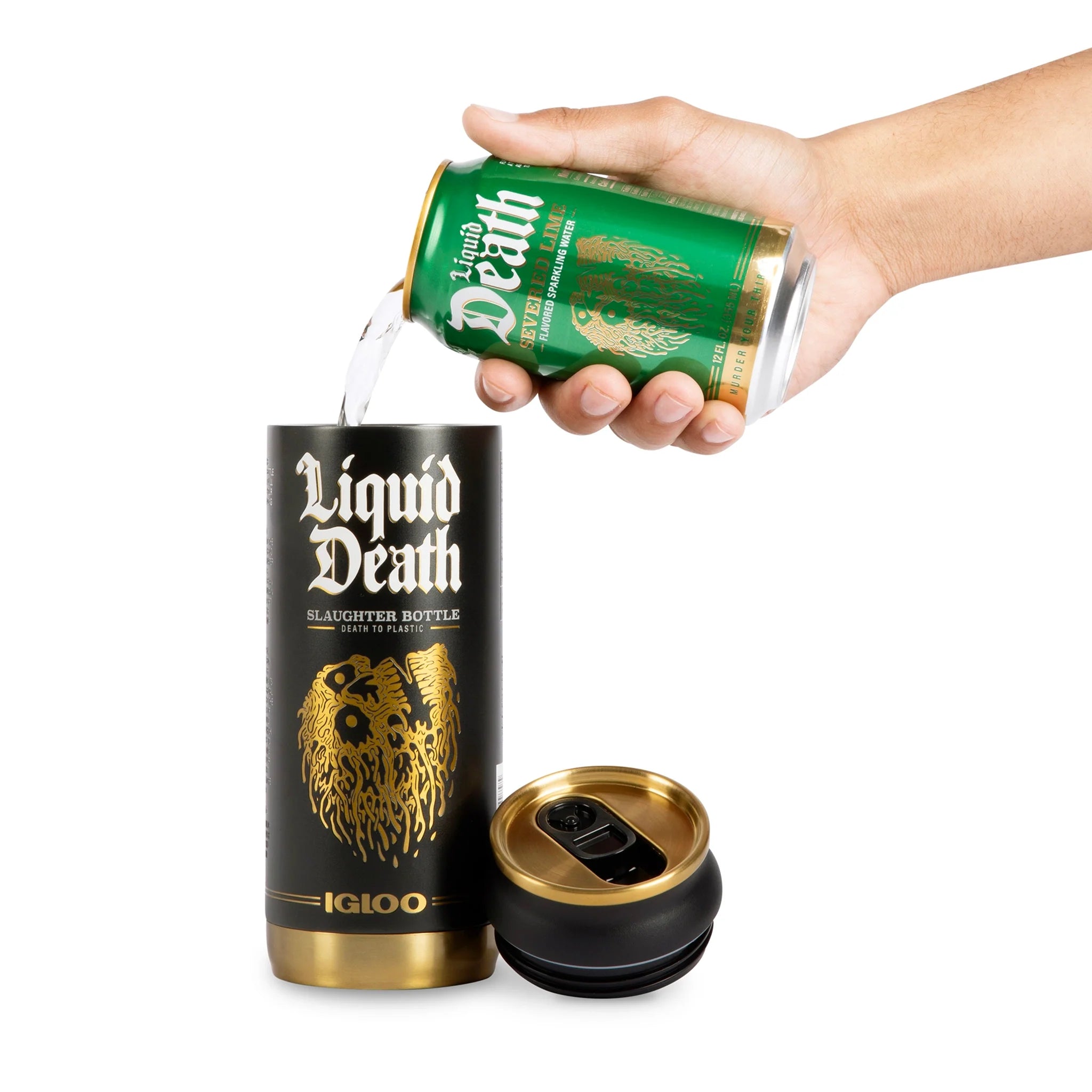 Liquid Death x Igloo Reusable Slaughter Bottle — Black/Gold — pouring
