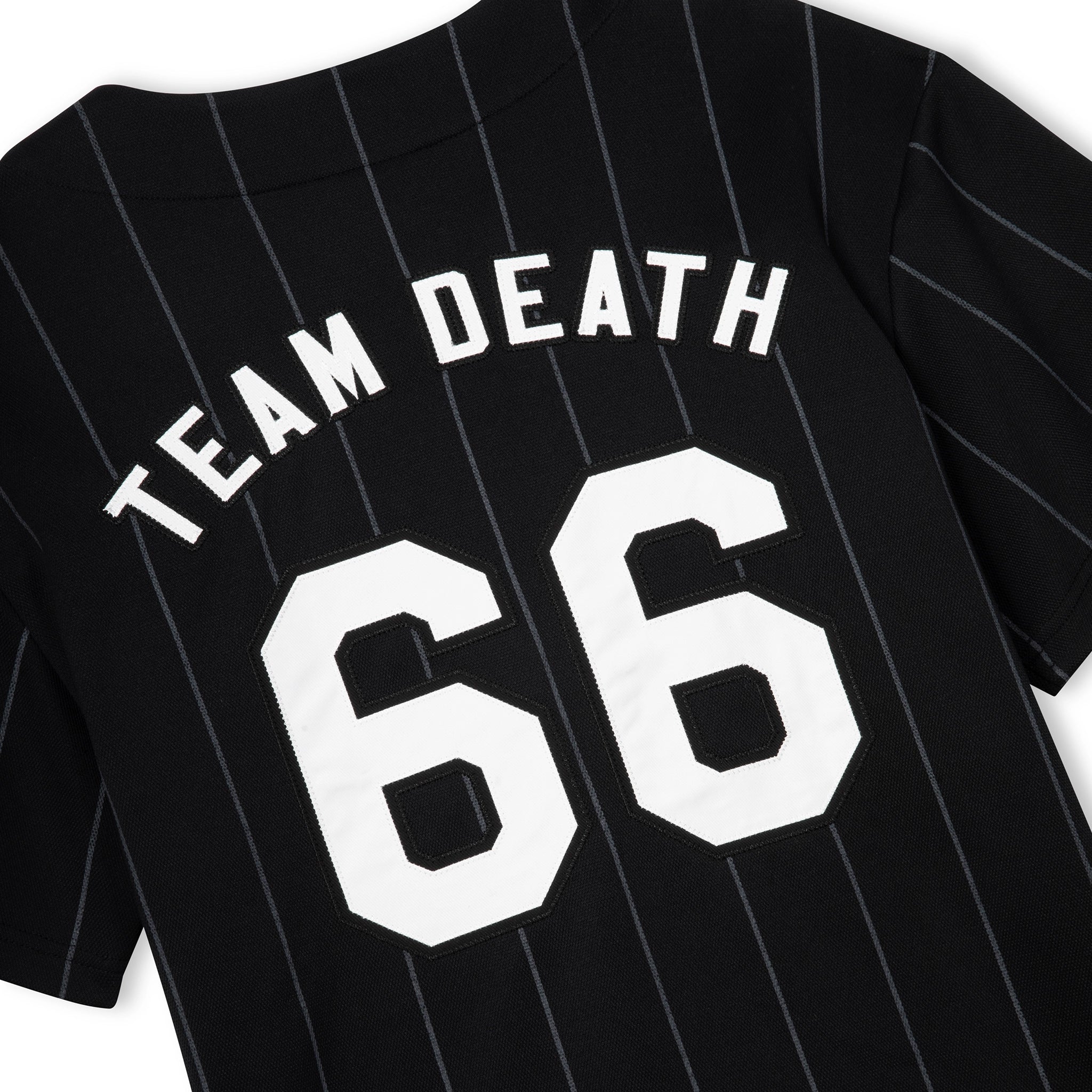 Black pinstripe shirt with 'Team Death 66' text on a white background