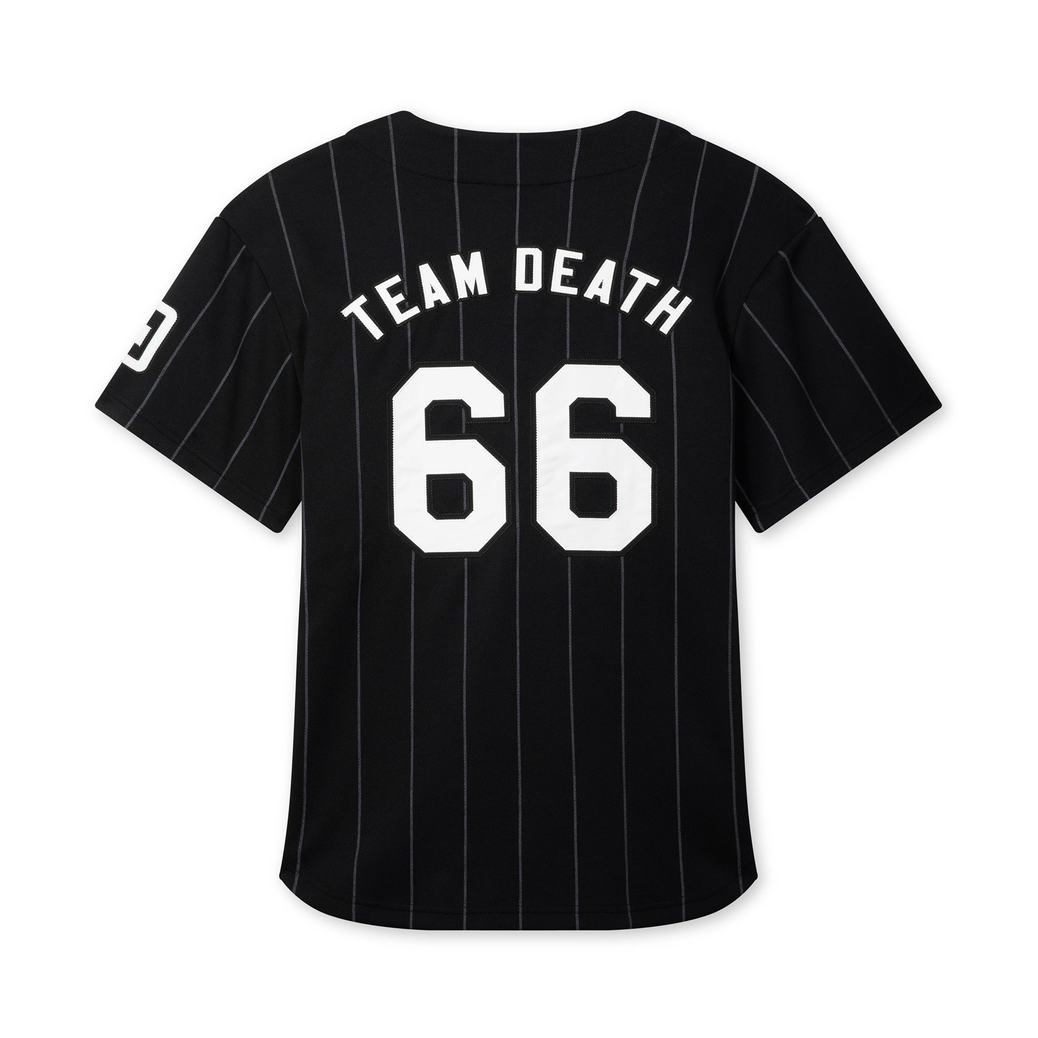 Black pinstripe jersey with 'Team Death 66' text on a white background