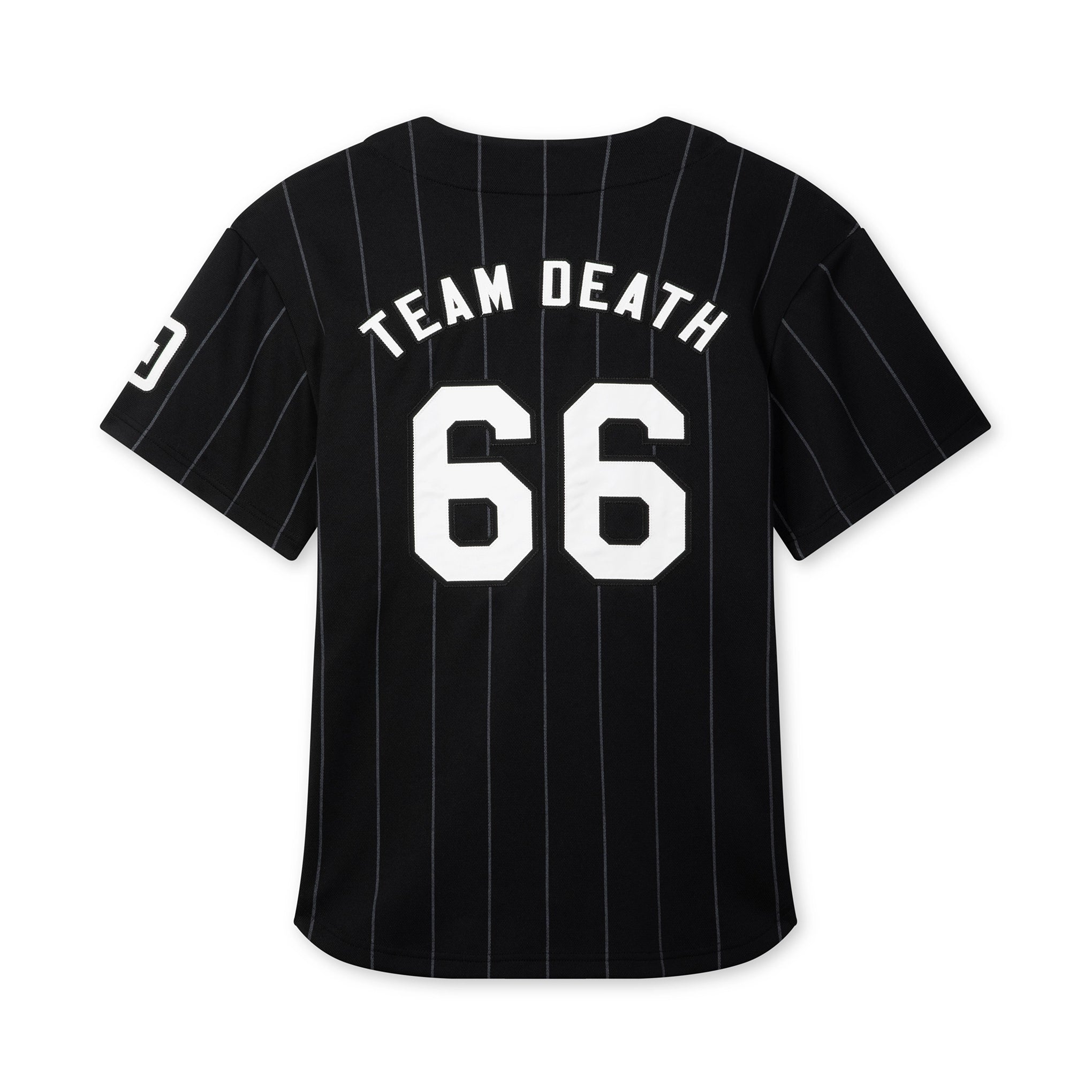 Black pinstripe jersey with 'Team Death 66' text on a white background