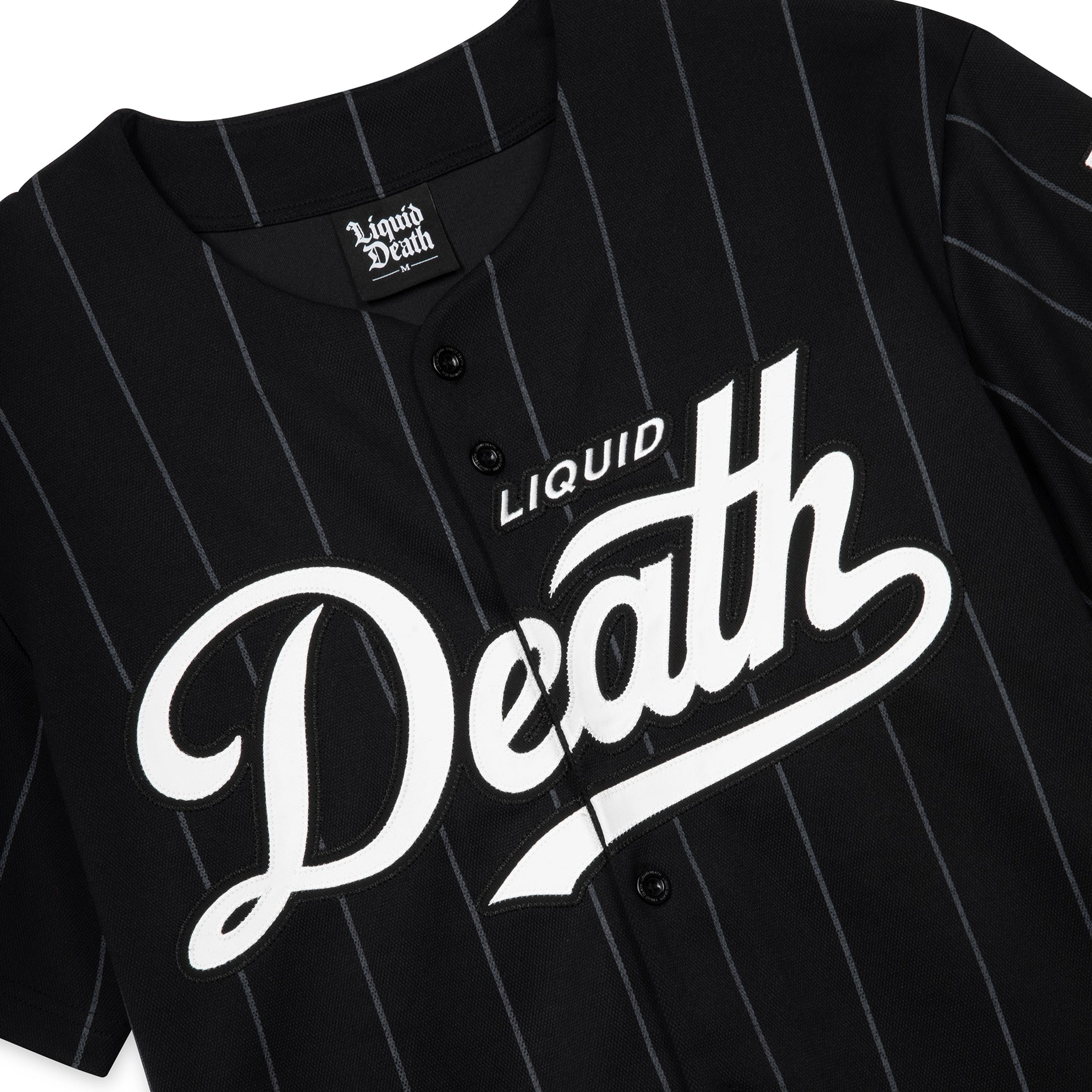 Black pinstripe baseball jersey with 'Liquid Death' logo on a white background