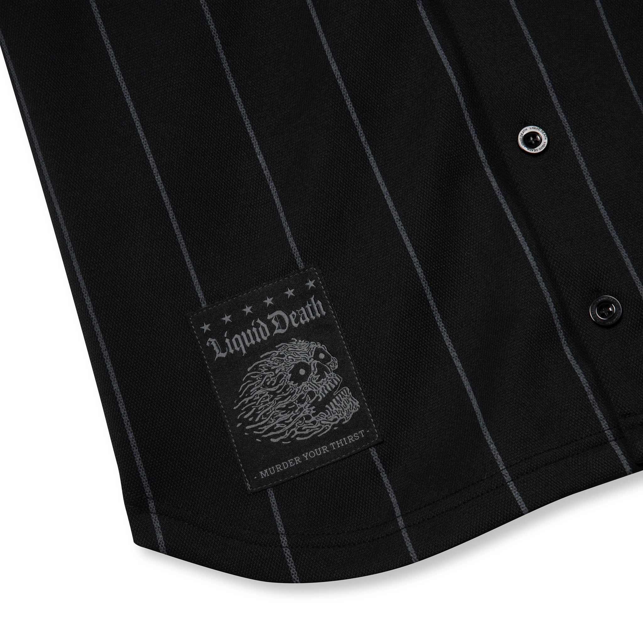 Black pinstripe shirt with 'Liquid Death' logo on a white background
