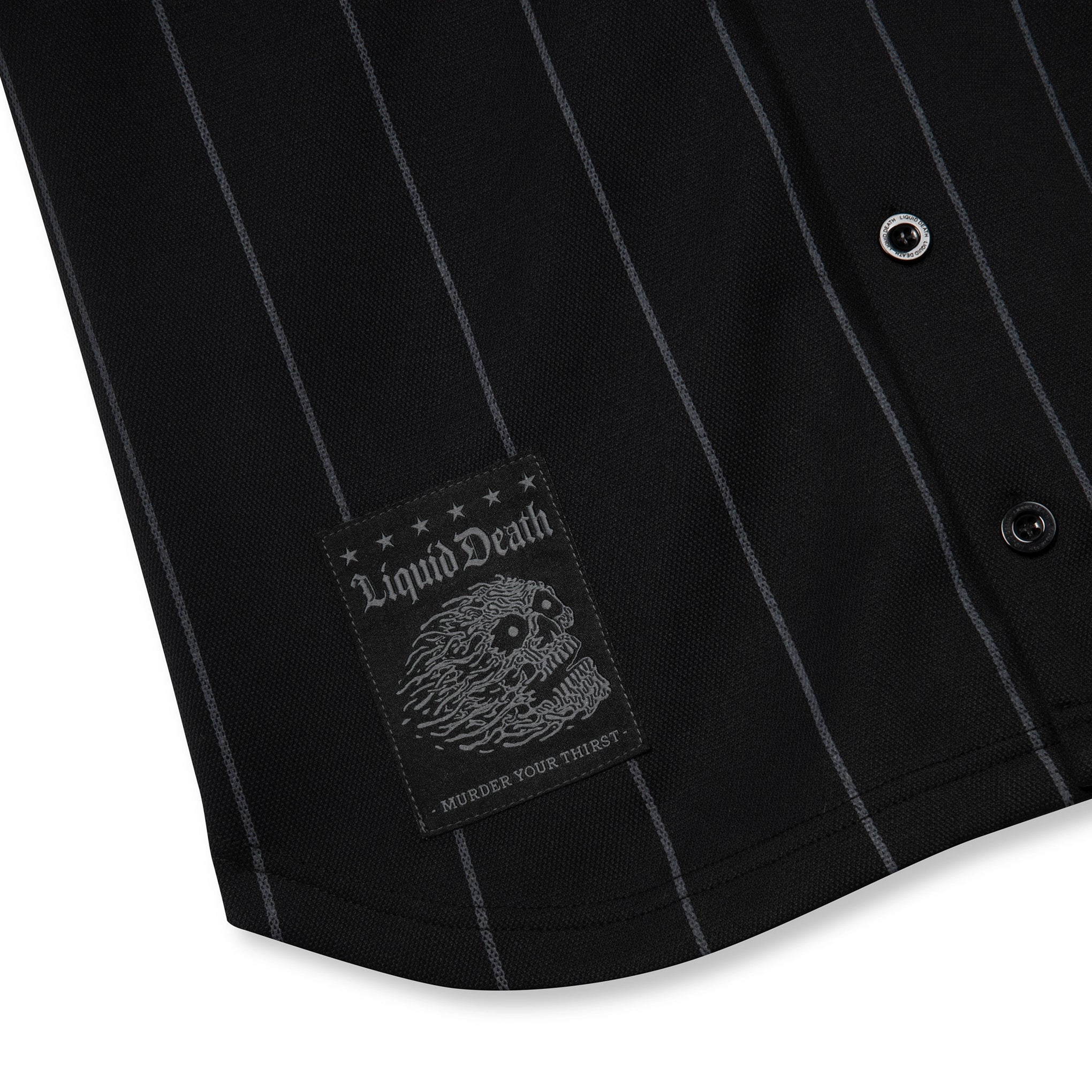 Black pinstripe shirt with 'Liquid Death' logo on a white background