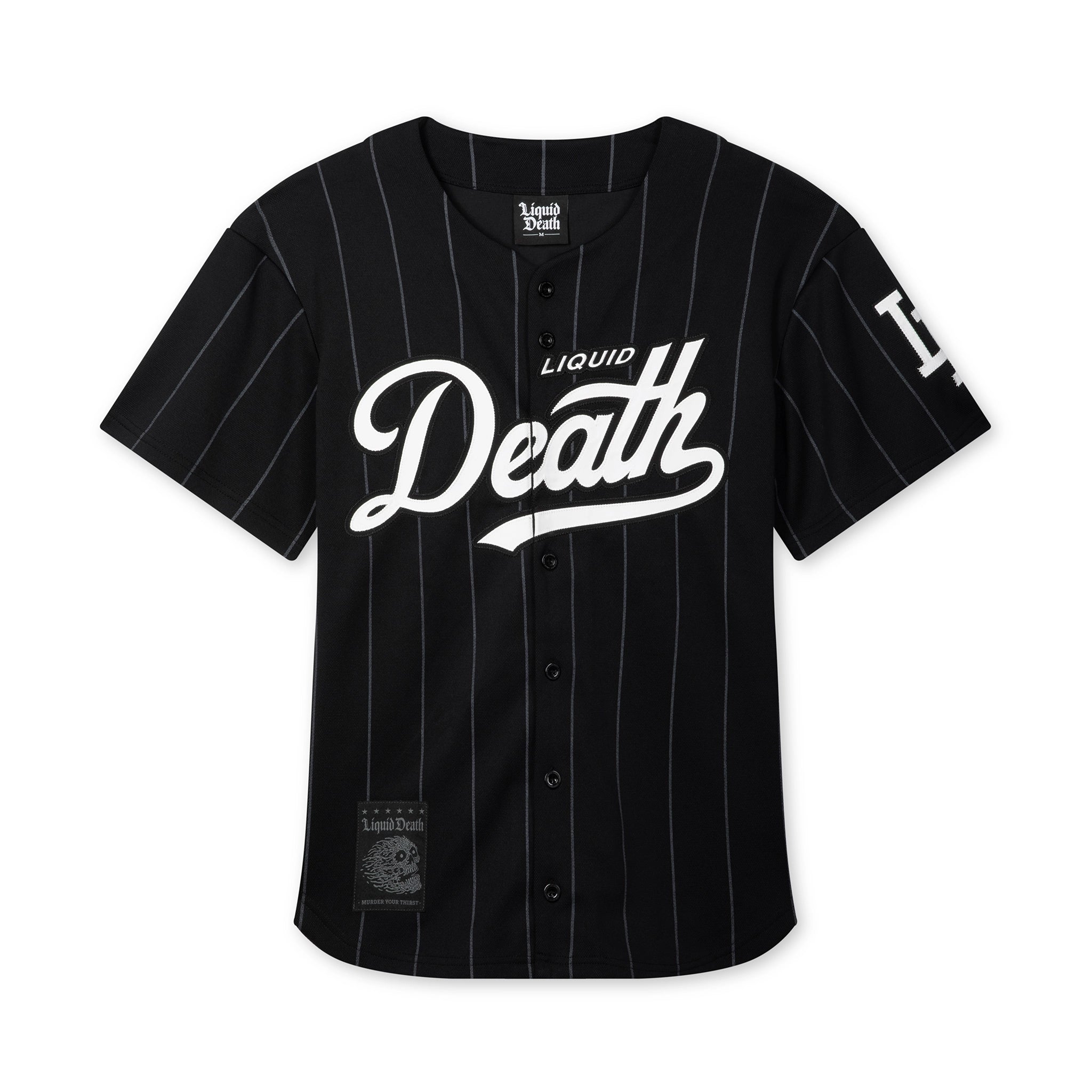 Black baseball jersey with 'Liquid Death' text on a white background