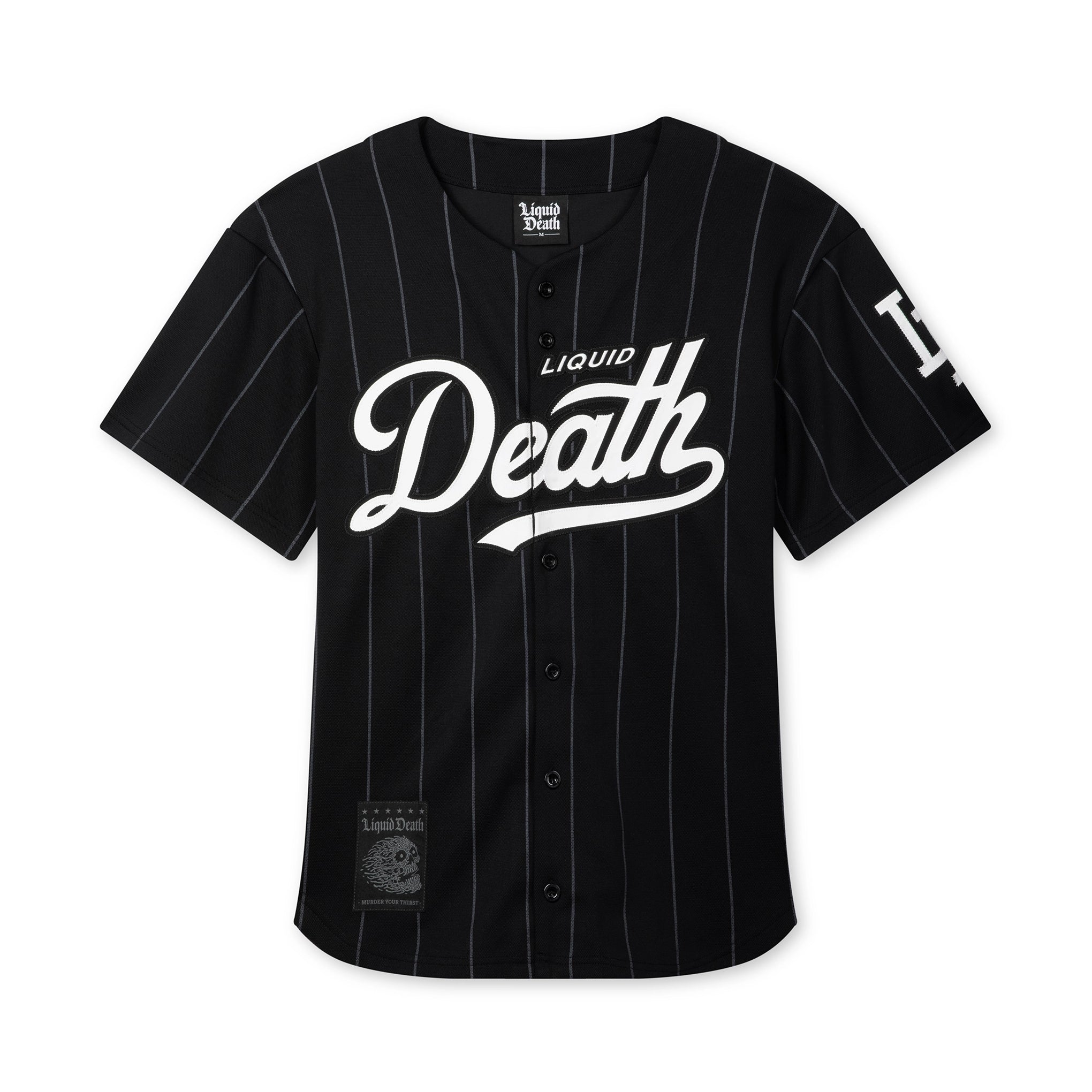 Black baseball jersey with 'Liquid Death' text on a white background
