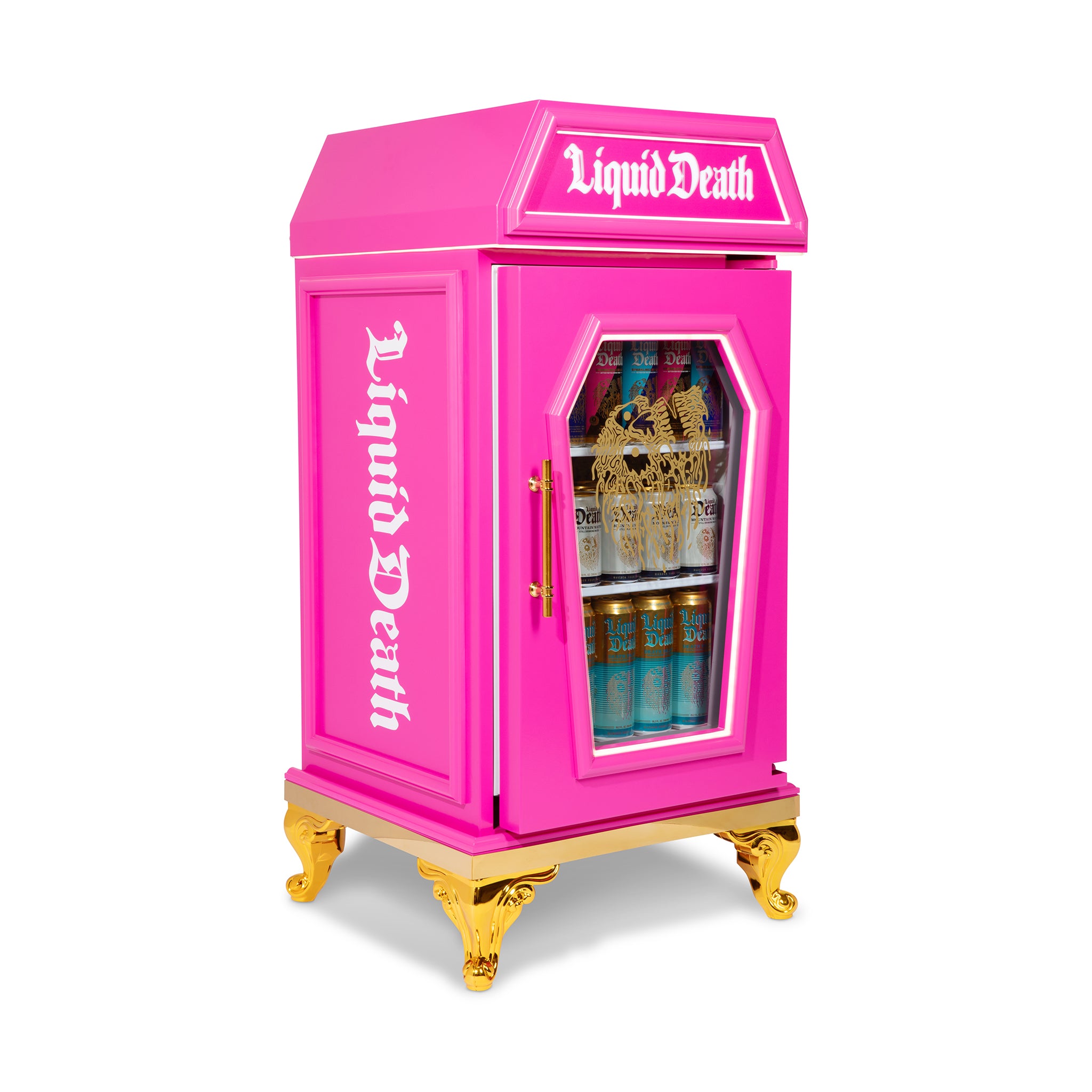 Three-quarter view of the pink Dreamy Death Mini-Fridge with gold feet