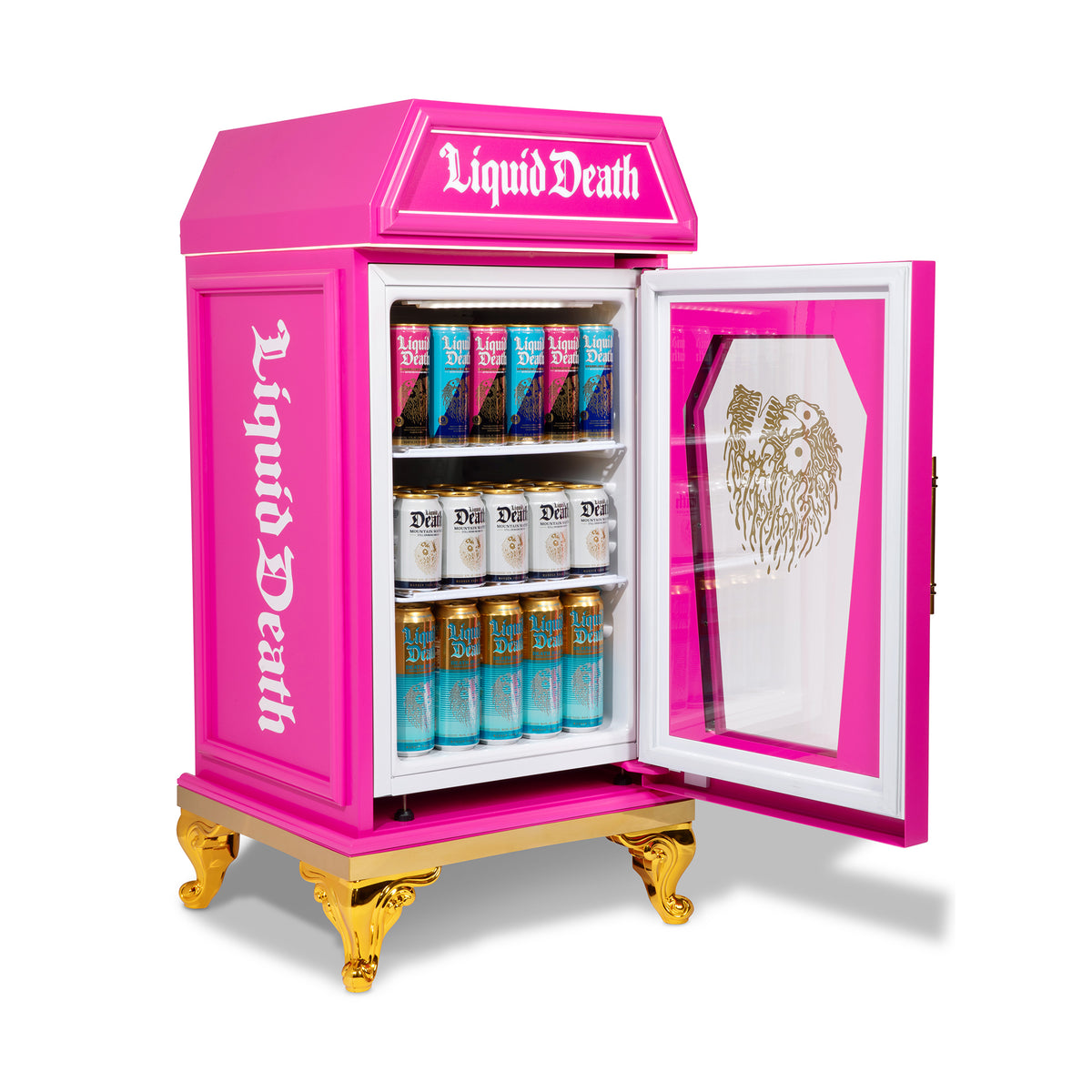Pink Dreamy Death Mini-Fridge with the door open, showing shelves of Liquid Death cans