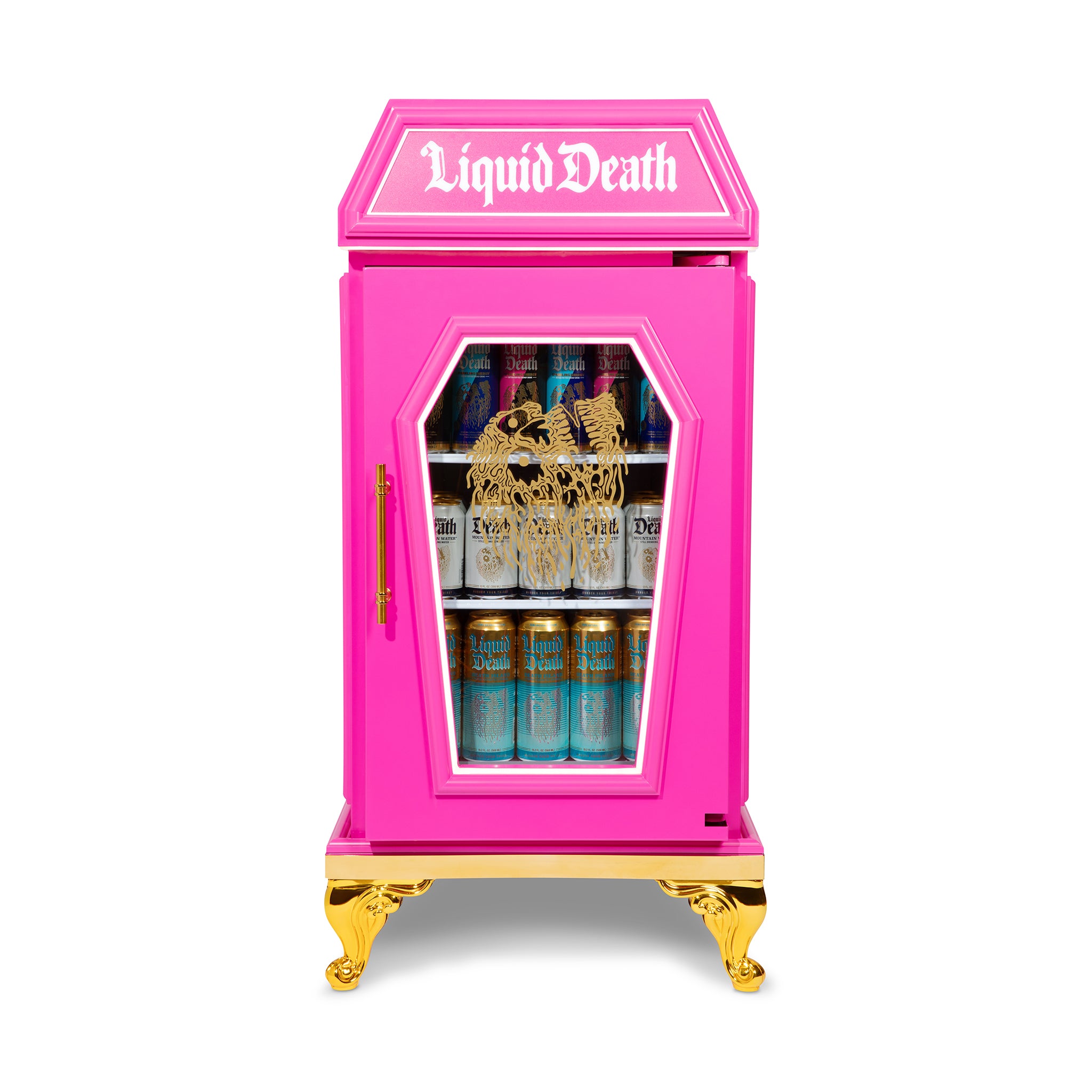 Front view of the pink Dreamy Death Mini-Fridge with gold trim and Liquid Death cans inside