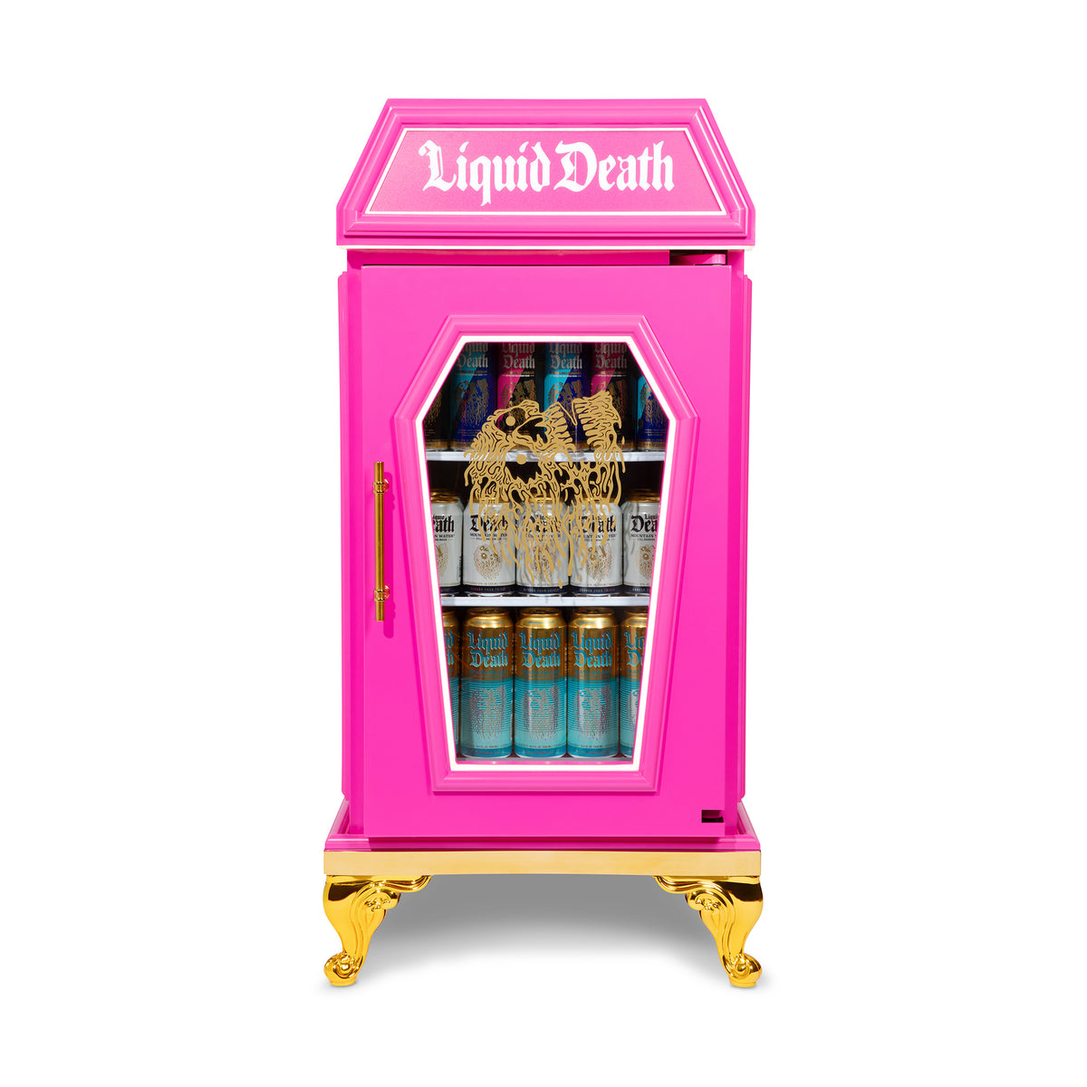 Front view of the pink Dreamy Death Mini-Fridge with gold trim and Liquid Death cans inside