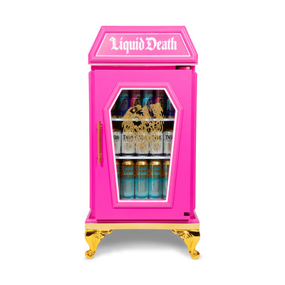Front view of the pink Dreamy Death Mini-Fridge with gold trim and Liquid Death cans inside