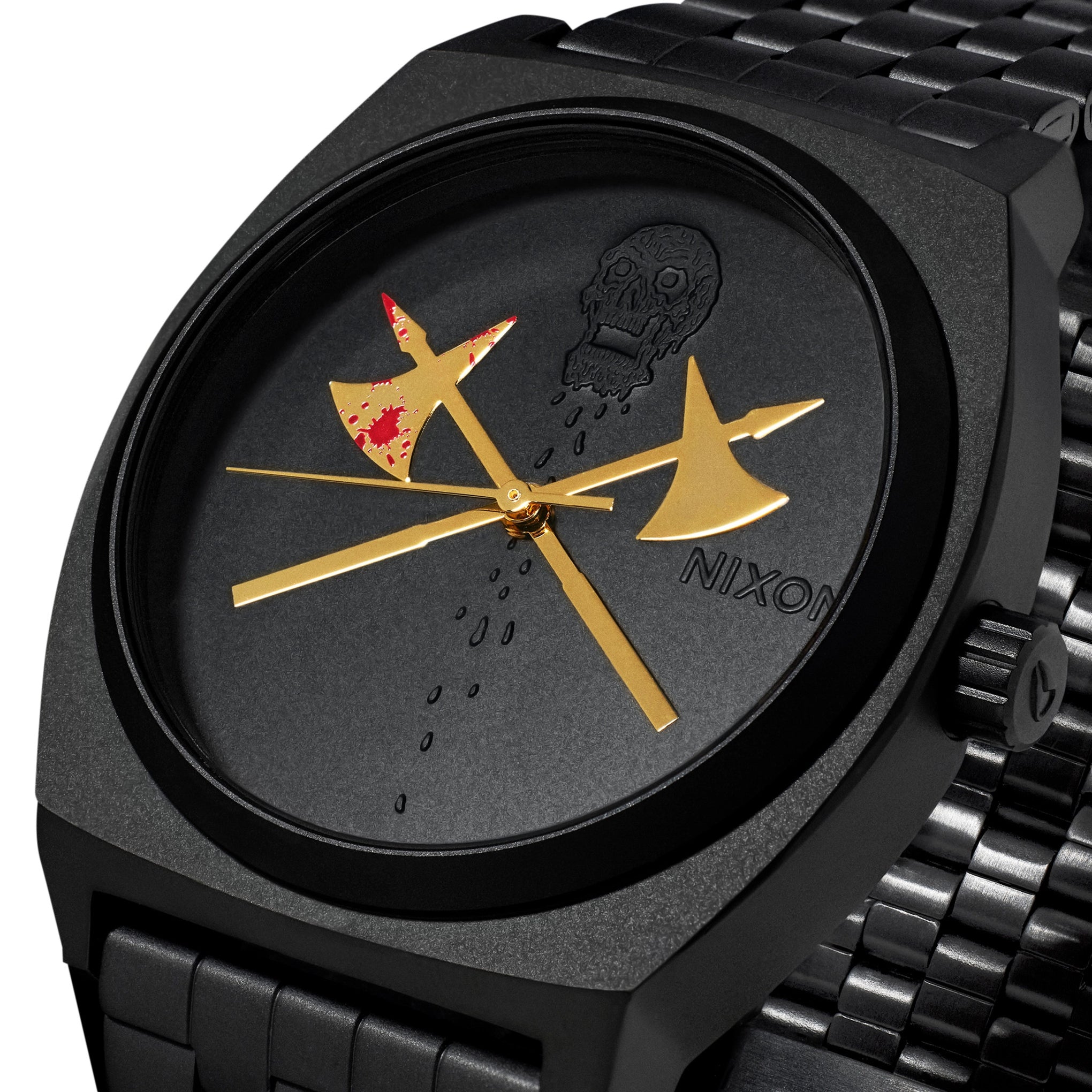 Black watch with a unique design on the dial featuring axes and a skull, branded 'Nixon'.