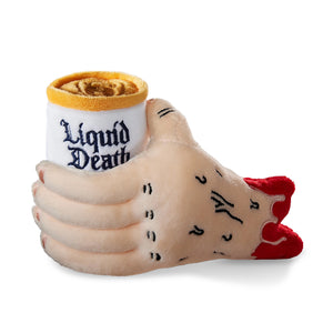 Plush toy resembling a foot holding a can labeled 'Liquid Death' on a white background