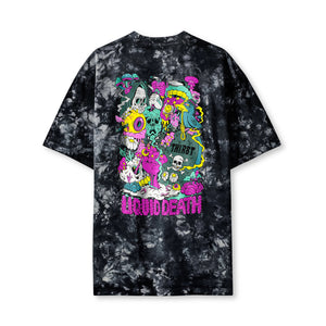Black tie-dye t-shirt with colorful graphic design and 'Liquid Death' text on a white background
