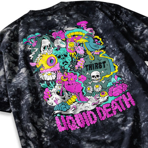 Black tie-dye t-shirt with colorful graphic design featuring skulls and text.