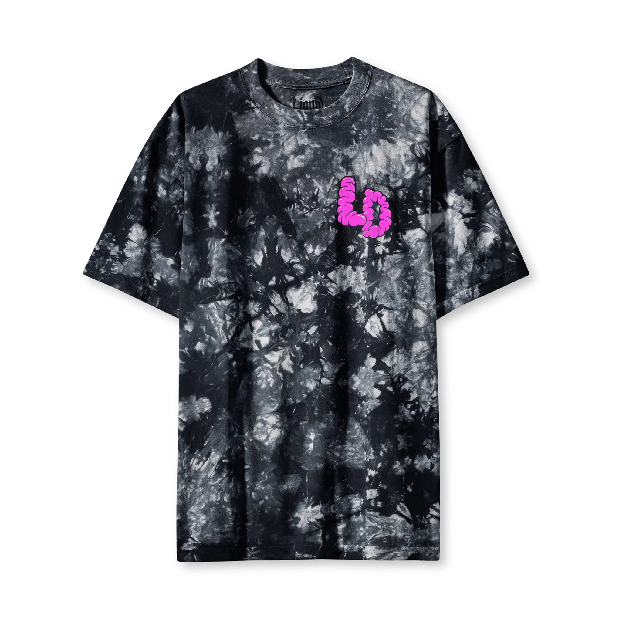 Tie-dye t-shirt with a pink logo on a white background