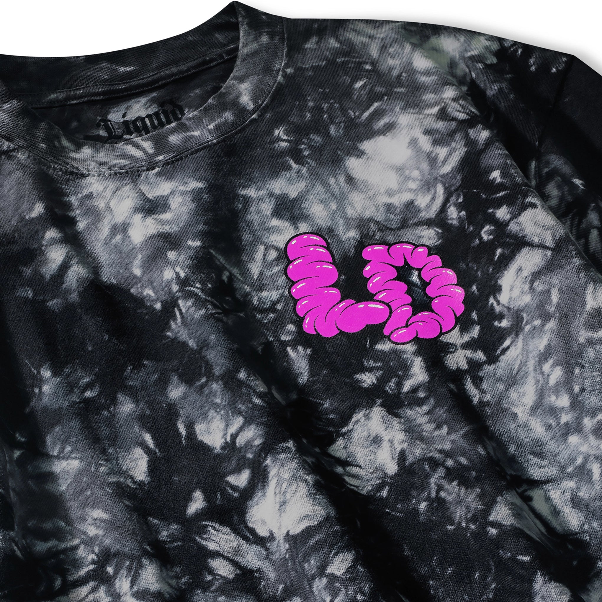 Black tie-dye sweatshirt with pink 'LOL' design on a white background