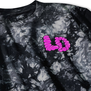 Black tie-dye sweatshirt with pink 'LOL' design on a white background
