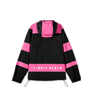 Black and pink jacket with 'Liquid Death' branding on a white background
