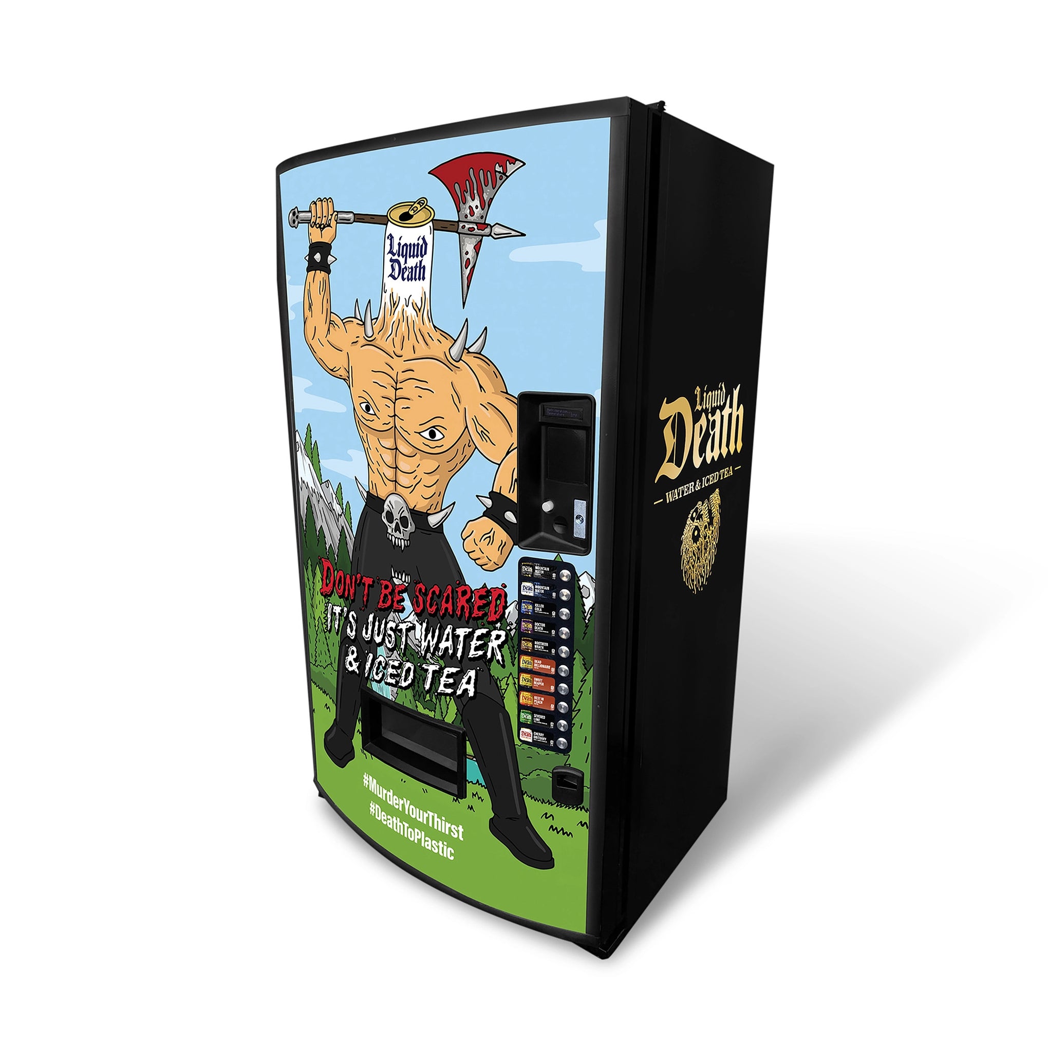 Vending machine with a graphic design of a muscular figure holding a sword, labeled 'Lloyd Death'.