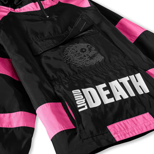 Black and pink jacket with 'Death' text and logo on a white background