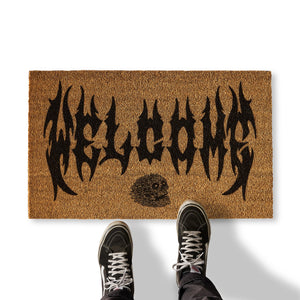 Doormat with 'Welcome' text and shoes stepping onto it