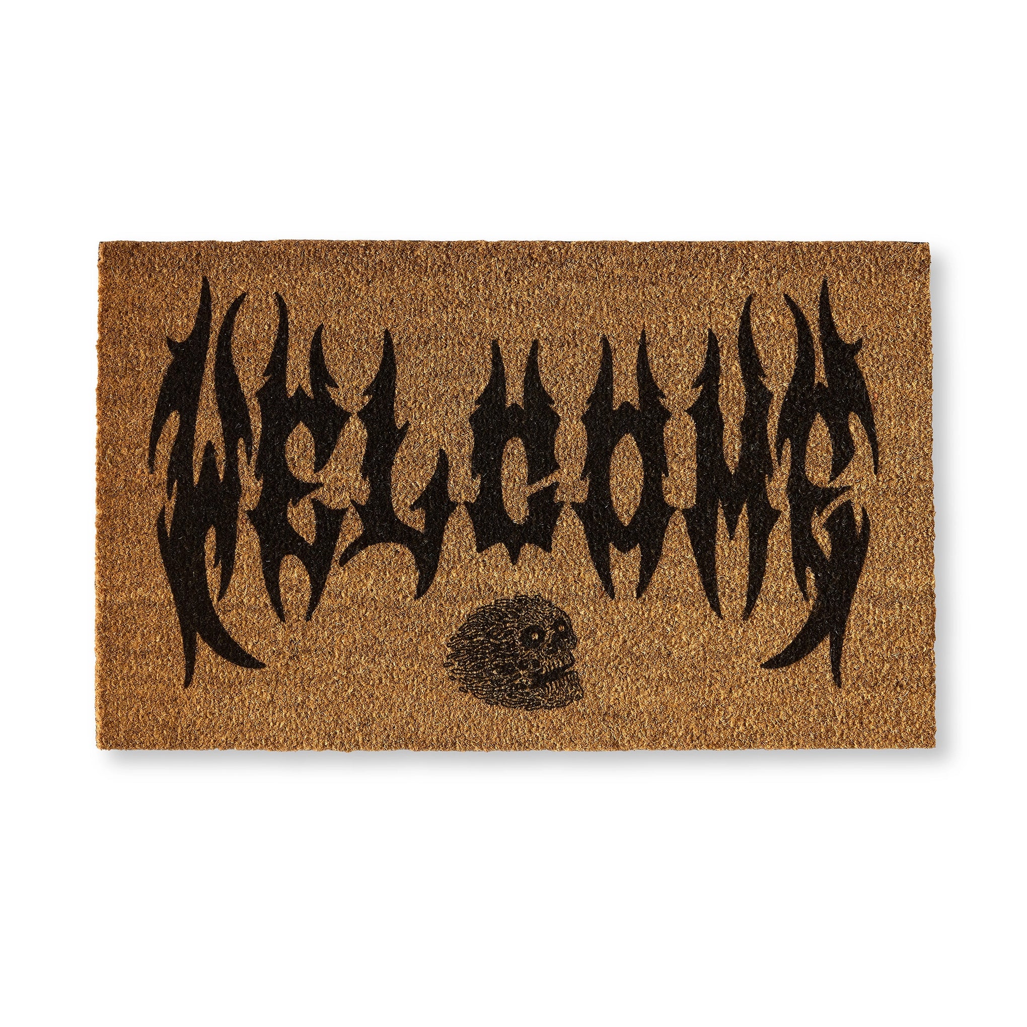 Doormat with 'Welcome' text and skull design on a white background