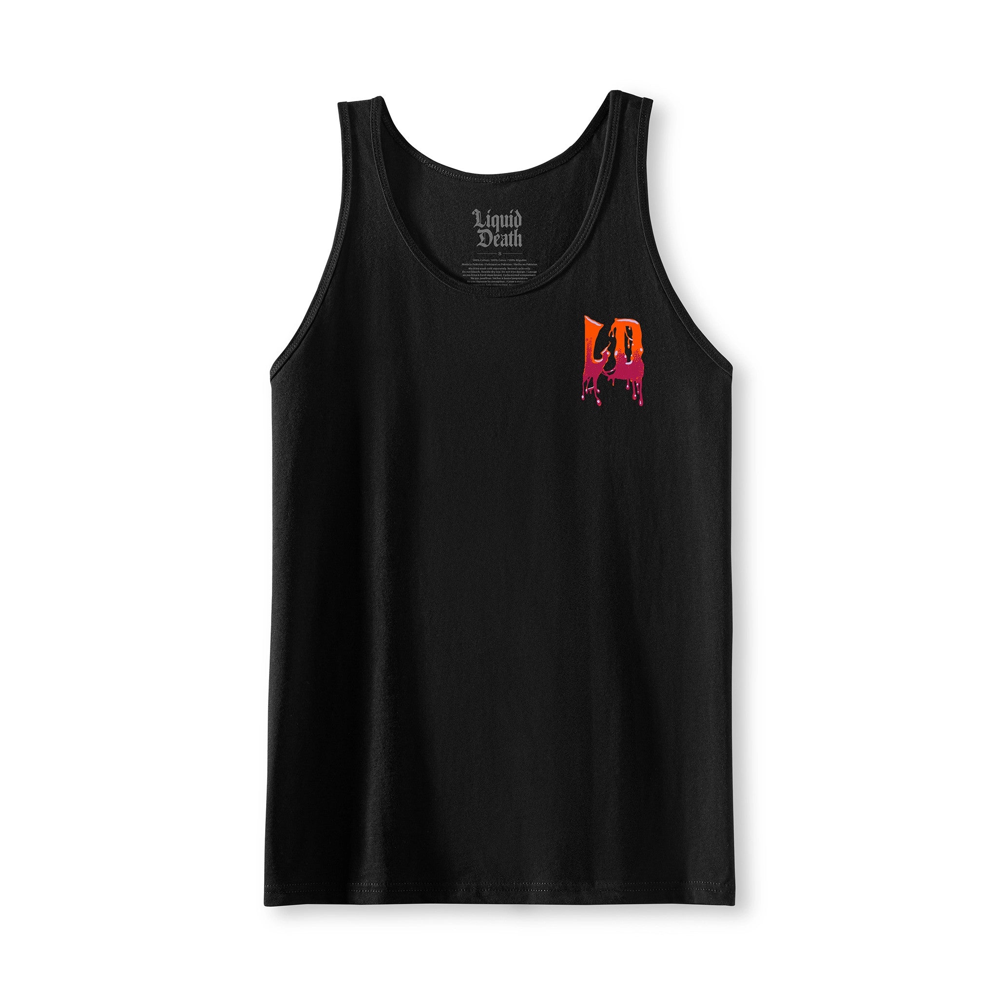 Black tank top with a colorful logo on a white background