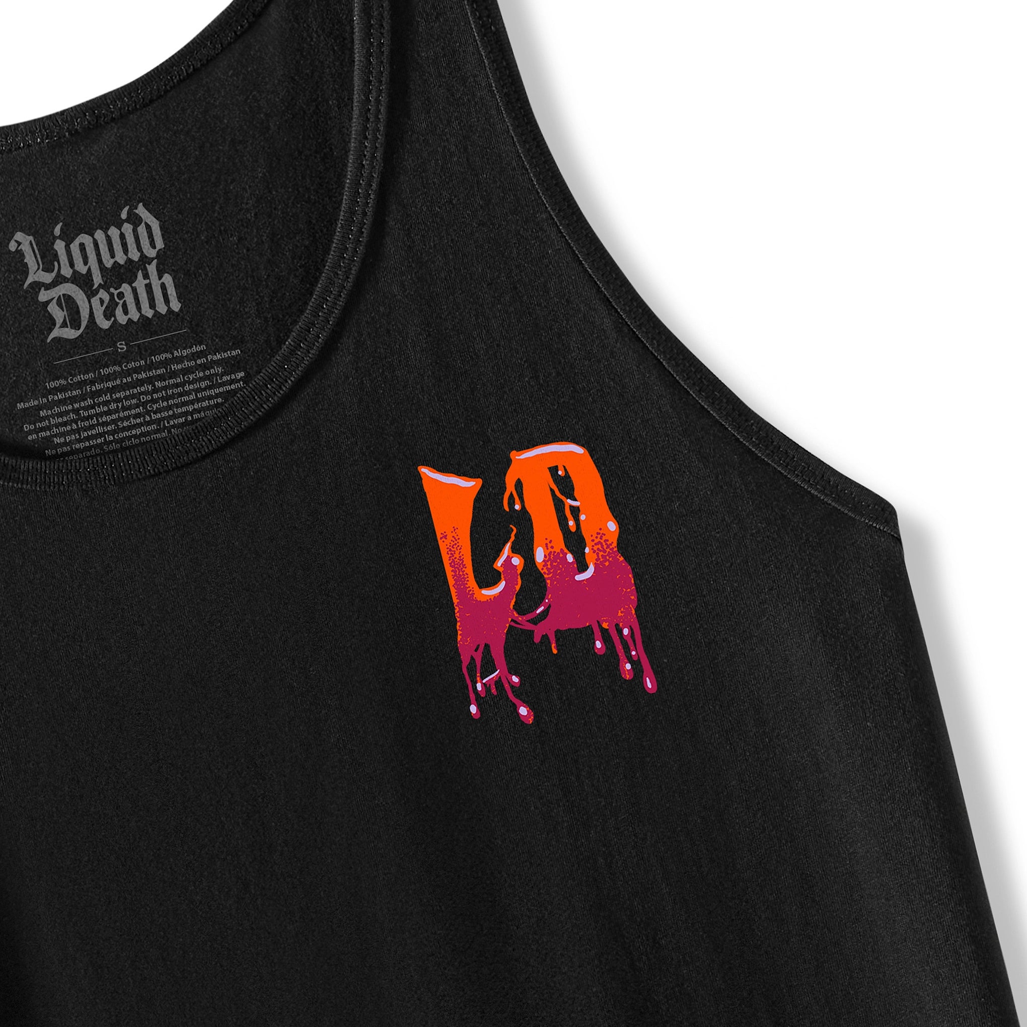 Black tank top with a red and orange Liquid Death logo on a white background