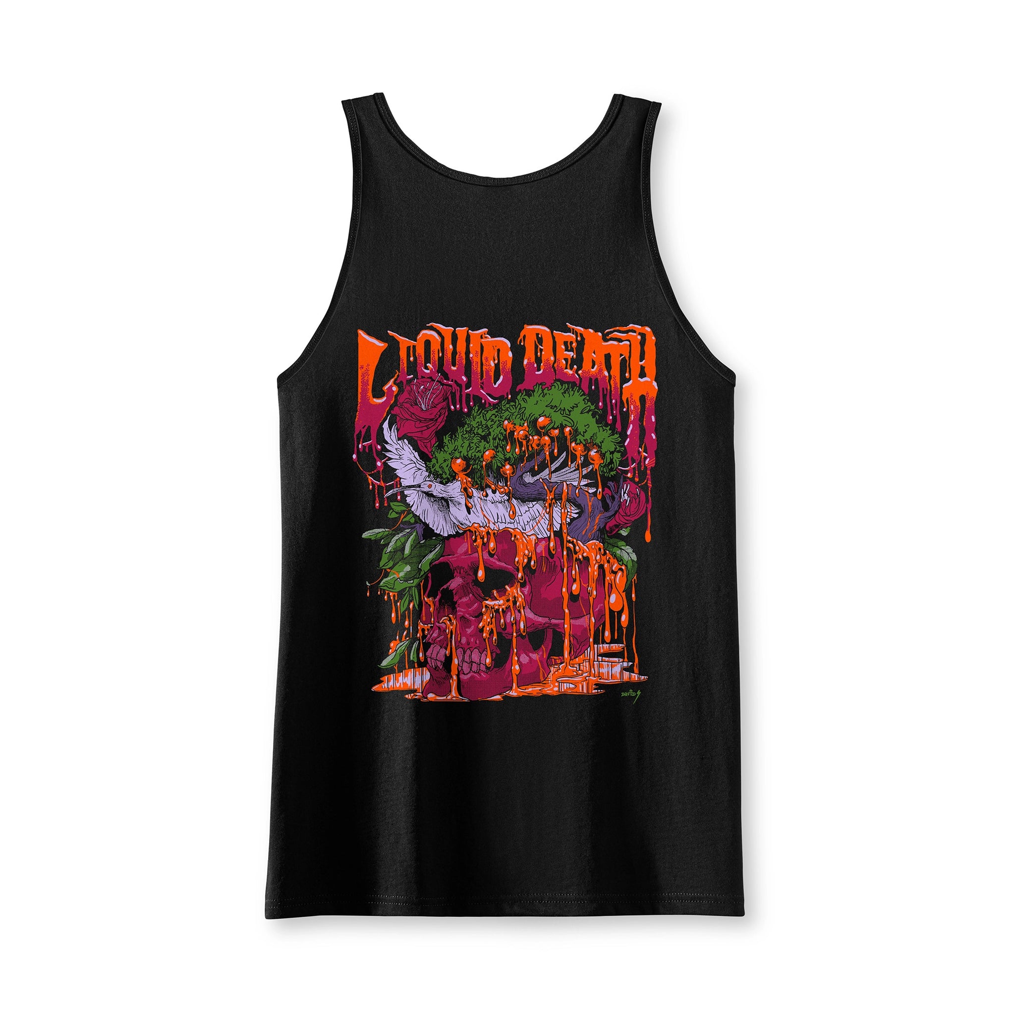 Black tank top with colorful graphic design on a white background