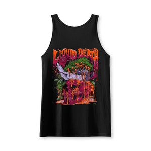 Black tank top with colorful graphic design on a white background