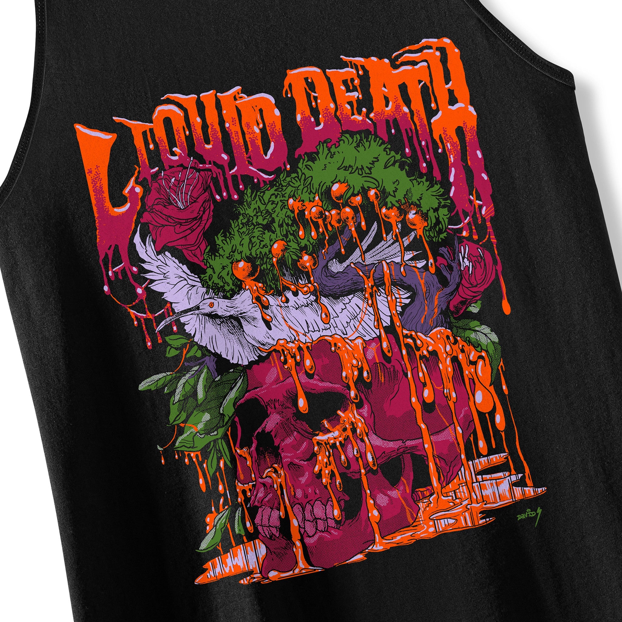 Black tank top with a colorful graphic design featuring text and abstract elements.