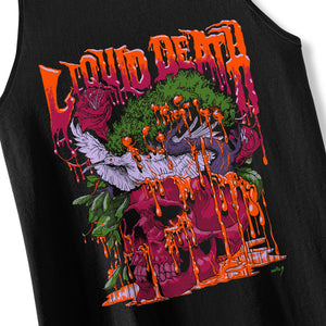 Black tank top with a colorful graphic design featuring text and abstract elements.