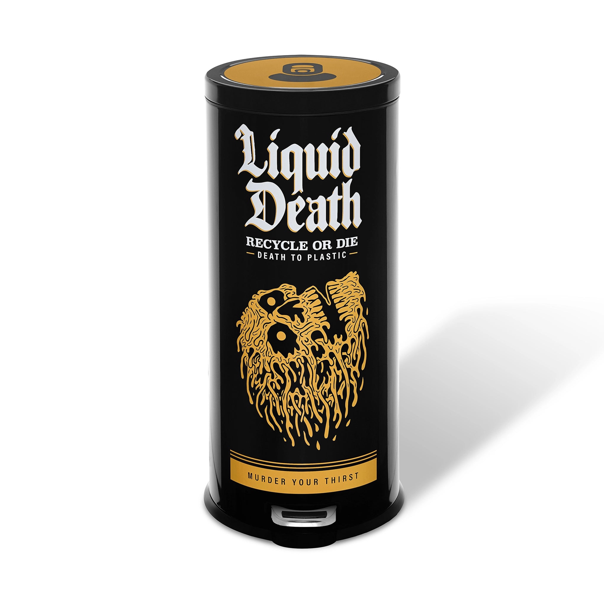 Black cylindrical container with 'Liquid Death' branding and text on a white background