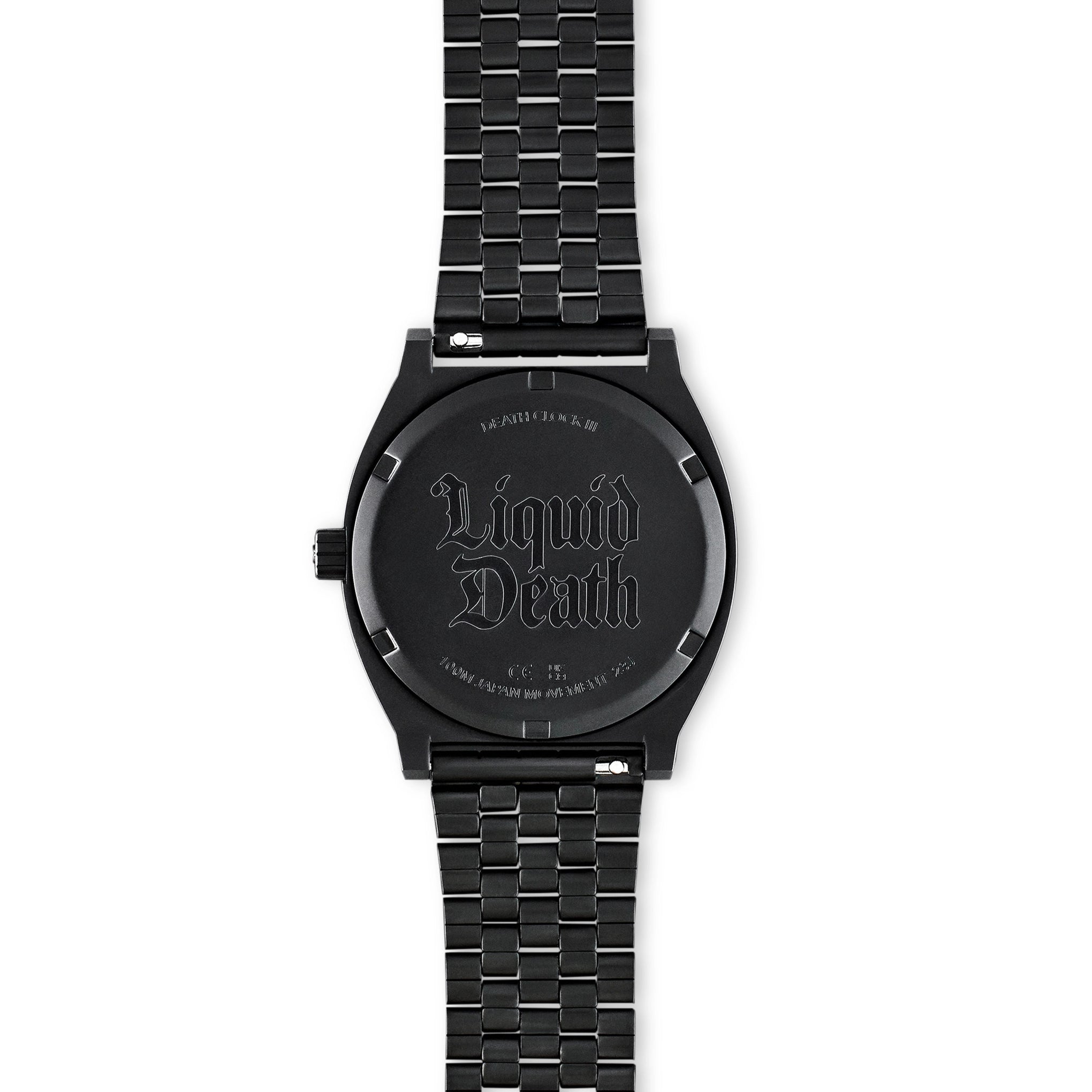 Black watch with 'Liquid Death' engraving on a white background