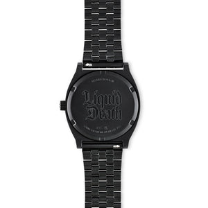 Black watch with 'Liquid Death' engraving on a white background