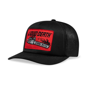 Black trucker cap with a red 'Liquid Death' logo on a white background