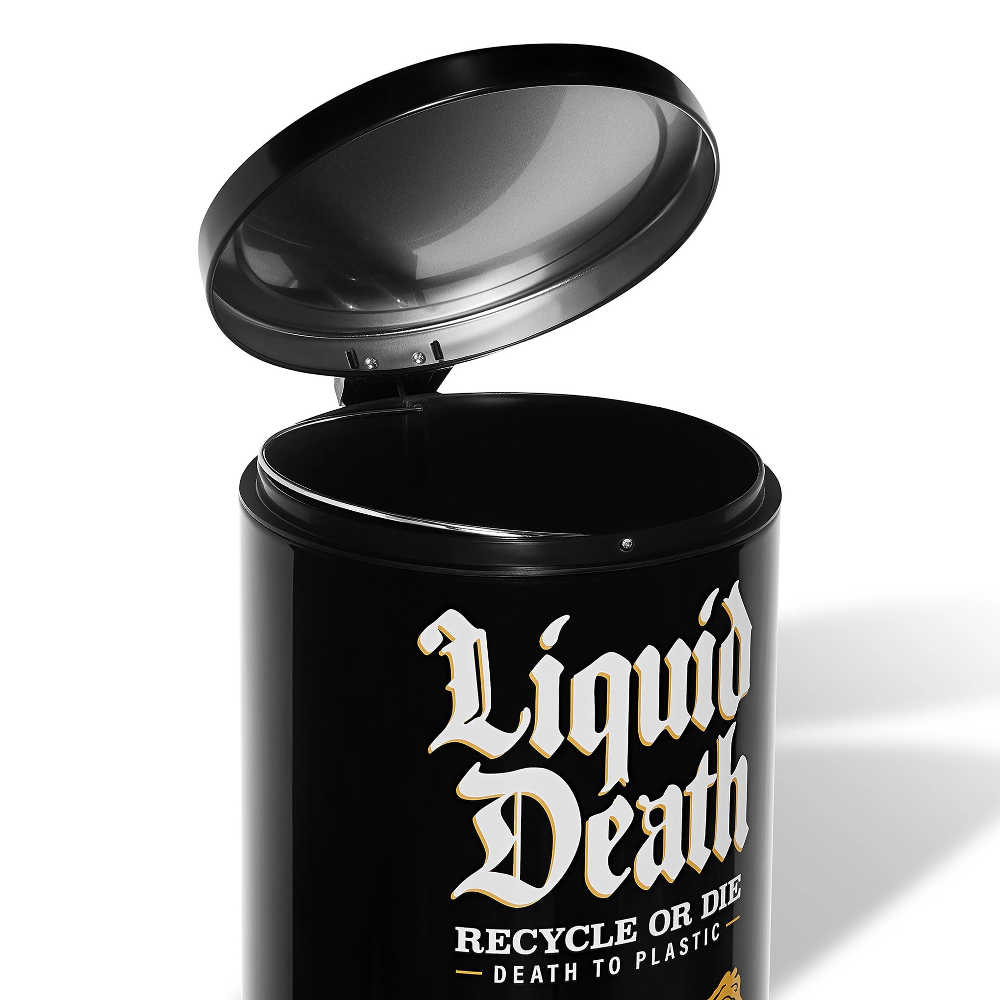 Black trash can with 'Liquid Death' text on a white background