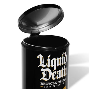 Black trash can with 'Liquid Death' text on a white background